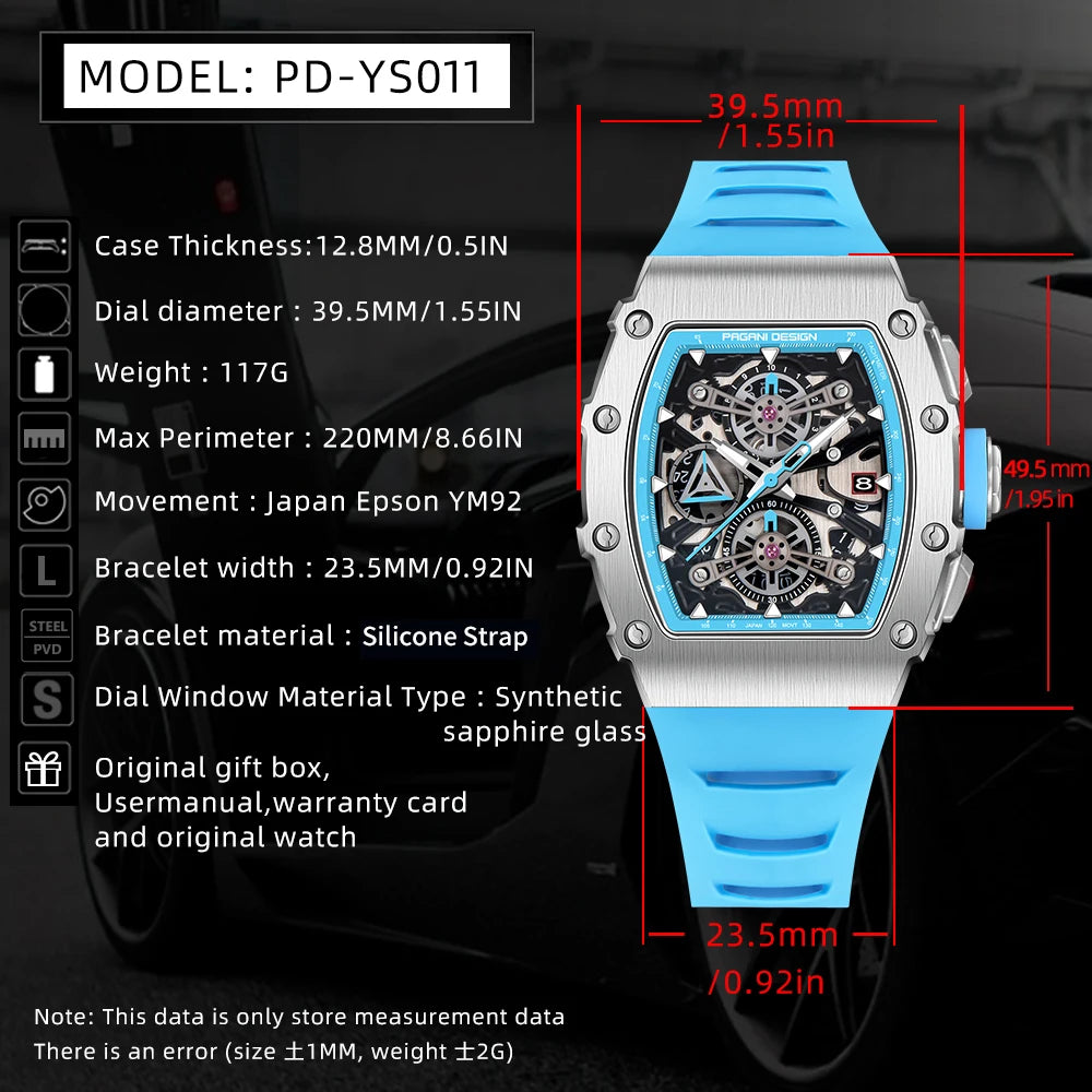 Montre PAGANI DESIGN PD-YS011 – Quartz Chronographe Racing, Verre Saphir, Acier Inoxydable Tonneau, Bracelet Silicone, Étanche 5 ATM – CLEVI Paris