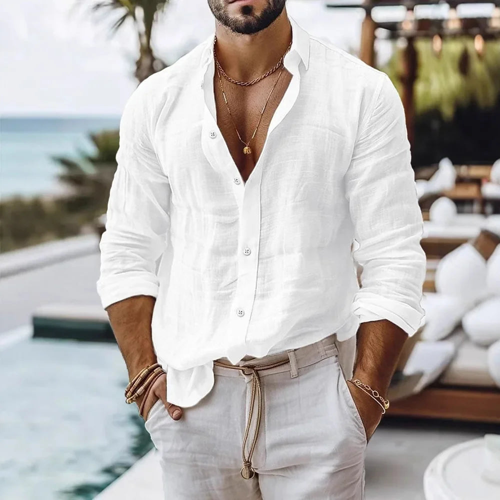 Chemise Homme Coton Lin Manches Longues Col Rabattu Style Casual Plage Respirante – CLEVI Paris