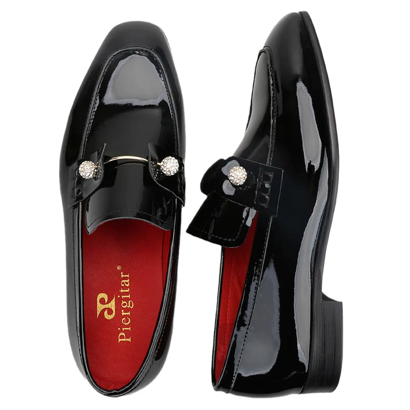 Mocassins Homme Cuir Veau Verni Noir Cristaux Argentés Boucles Fait Main Mariage Piergitar – CLEVI Paris