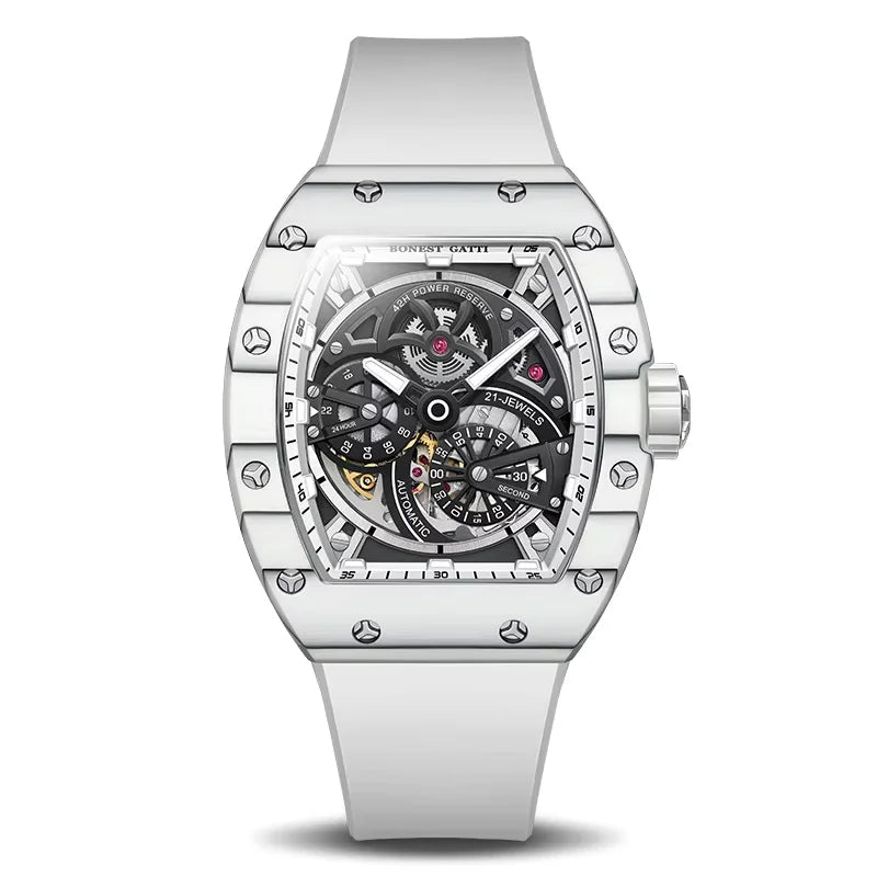 Montre BONEST GATTI BG-9004 – Tourbillon Automatique, Lunette Fibre de Carbone, Tonneau 46 mm, Squelette, Bracelet Fluoroélastomère, Étanche 5 ATM – CLEVI Paris