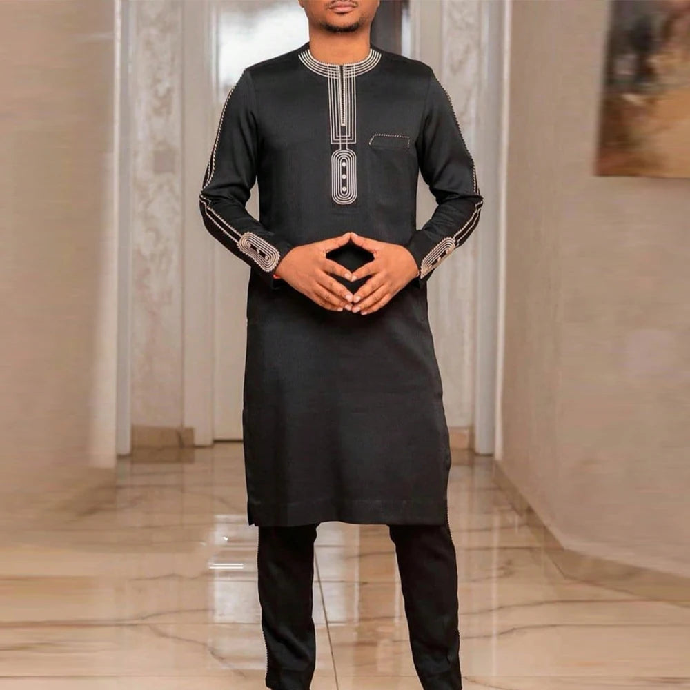 Kaftan Dashiki Homme 2 Pièces Brodé Manches Longues Col Rond + Pantalon Élastique Style Africain Mariage Fête M-4XL – CLEVI Paris