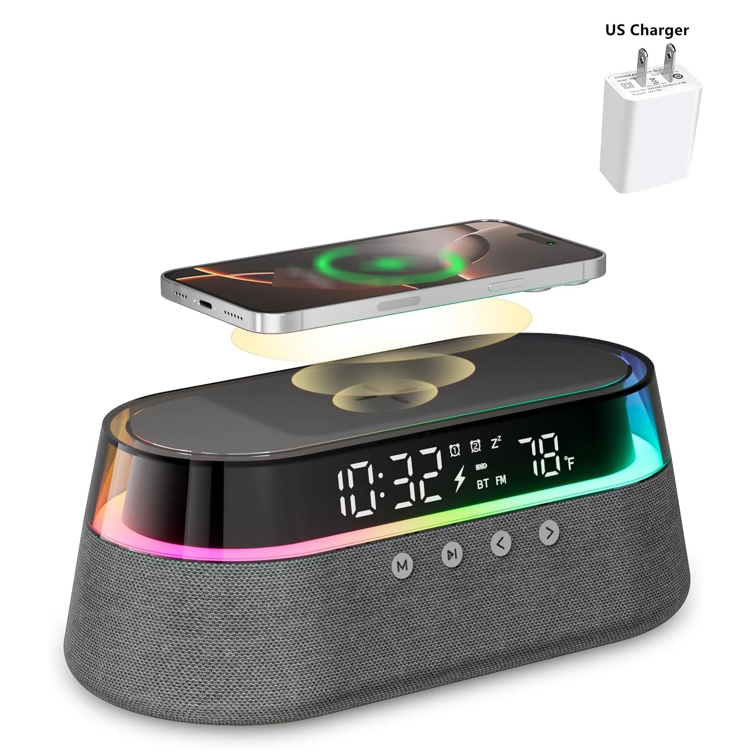 Réveil Intelligent 6-en-1 Chargeur Sans Fil 15W Enceinte Bluetooth Radio FM LED RGB – CLEVI Paris