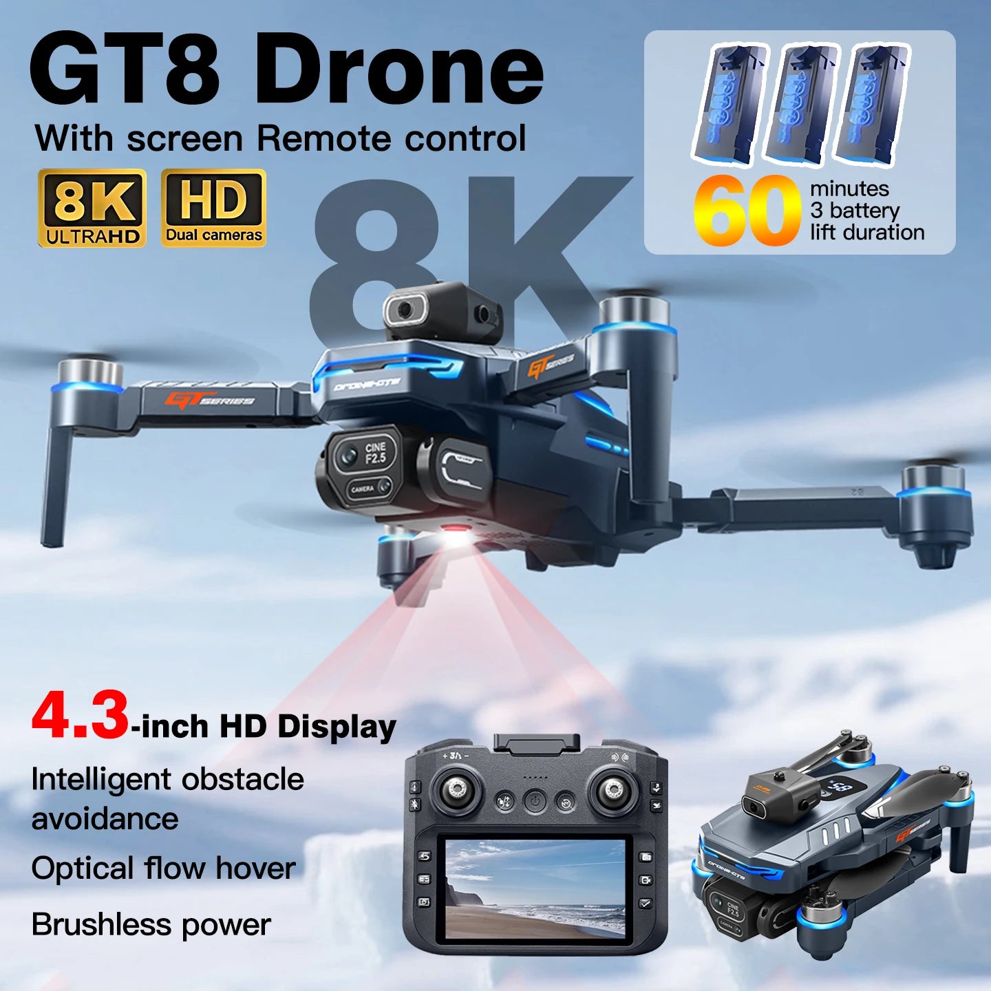 Drone LS GT8 8K Double Caméra FPV – Moteur Brushless, Écran 4,3", Évitement d'Obstacles, Flux Optique, Portée 3000m, 177g