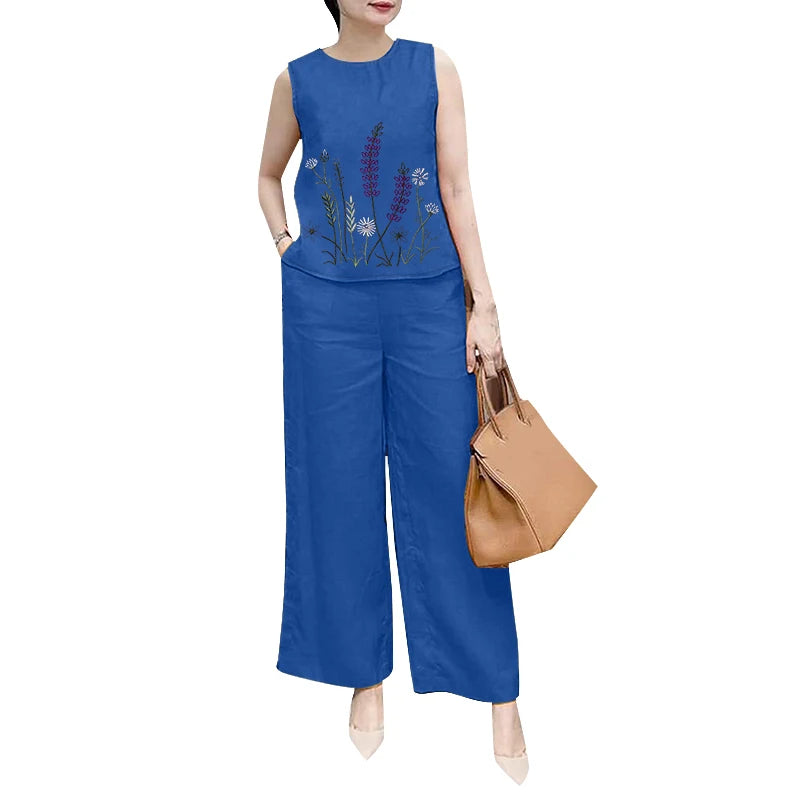 Ensemble 2 Pièces Femme Blouse Brodée Sans Manches Pantalon Jambe Large Style Bohème Été – CLEVI Paris
