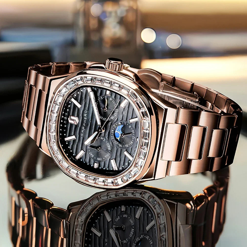 Montre SAPPHERO SO2201 – Quartz Or Rose, Cadran Diamant, Acier Inoxydable 40 mm, Aiguilles Lumineuses, Anti-Magnétique, Étanche 3 ATM – CLEVI Paris