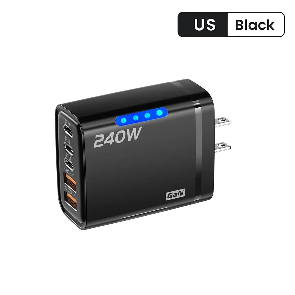 Chargeur GaN 5-en-1 240W 3PD 2USB EU/US + Câble – CLEVI Paris