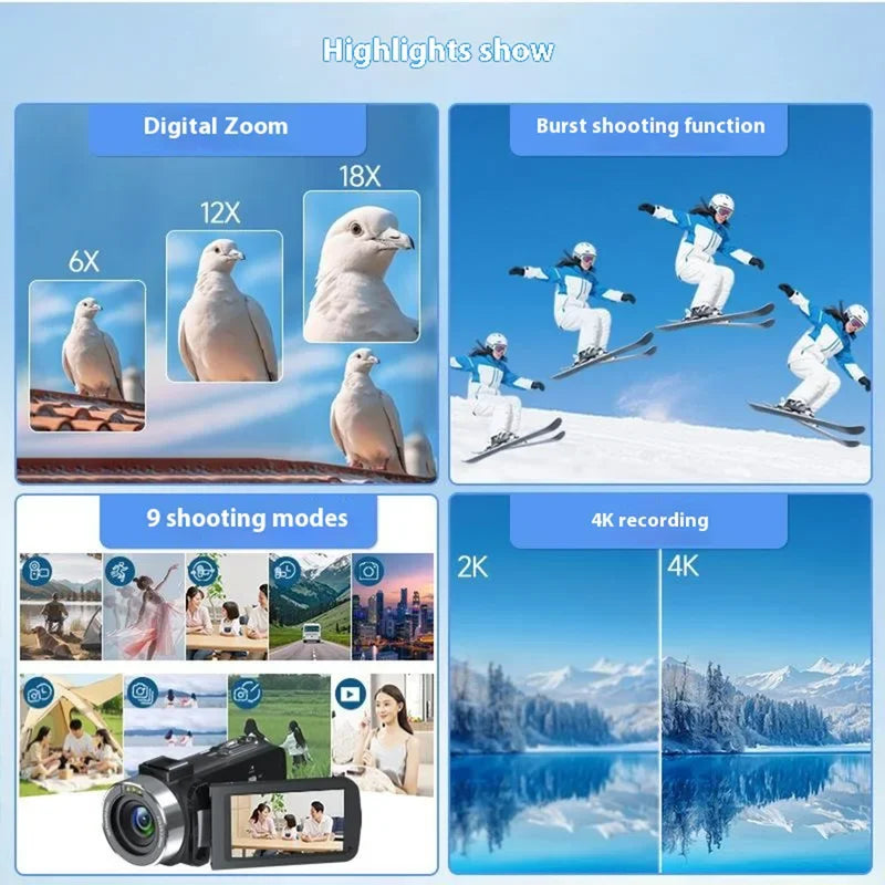 Caméscope 4K SKIG – Écran IPS 3" Rotatif 270°, Vision Nocturne IR, Zoom 18x, Carte SD Incluse