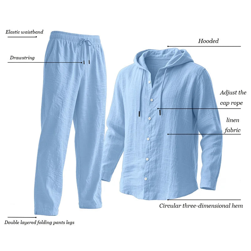 Ensemble Homme Chemise Lin À Capuche Manches Longues + Pantalon Cordon Casual Streetwear Voyage – CLEVI Paris