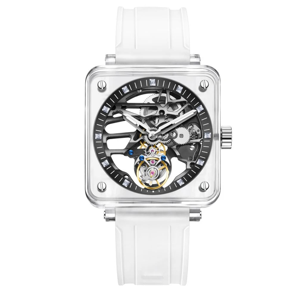 Montre Homme Tourbillon Transparent AESOP 7058G – Squelette Intégral Verre Saphir Étanche Bracelet Caoutchouc – CLEVI Paris