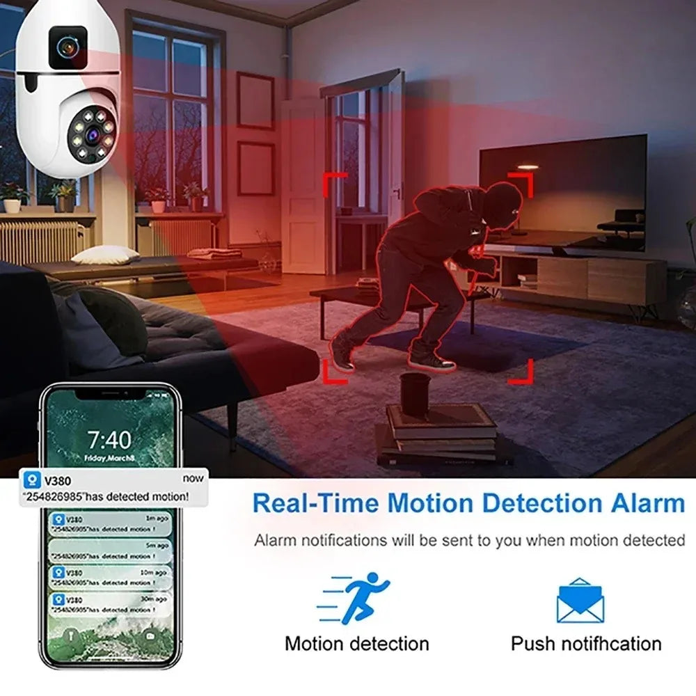 Caméra Surveillance WiFi Double Objectif 8MP – Vision Nocturne Couleur, Audio Bidirectionnel, App V380 Pro – CLEVI Paris