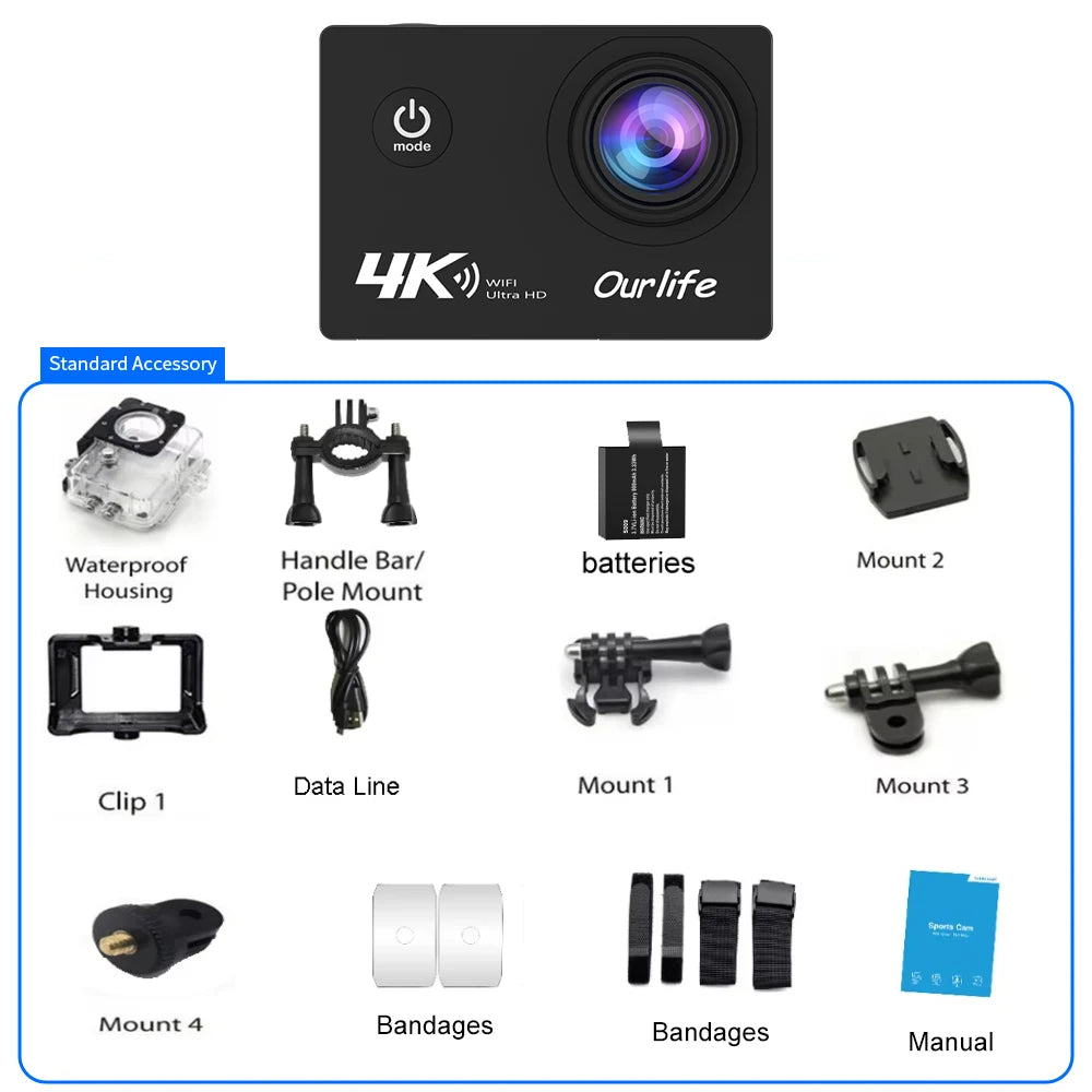 Caméra d'Action 4K Ultra HD OURLIFE Q100 – 16MP, WiFi, Étanche 30m, Grand Angle 170°