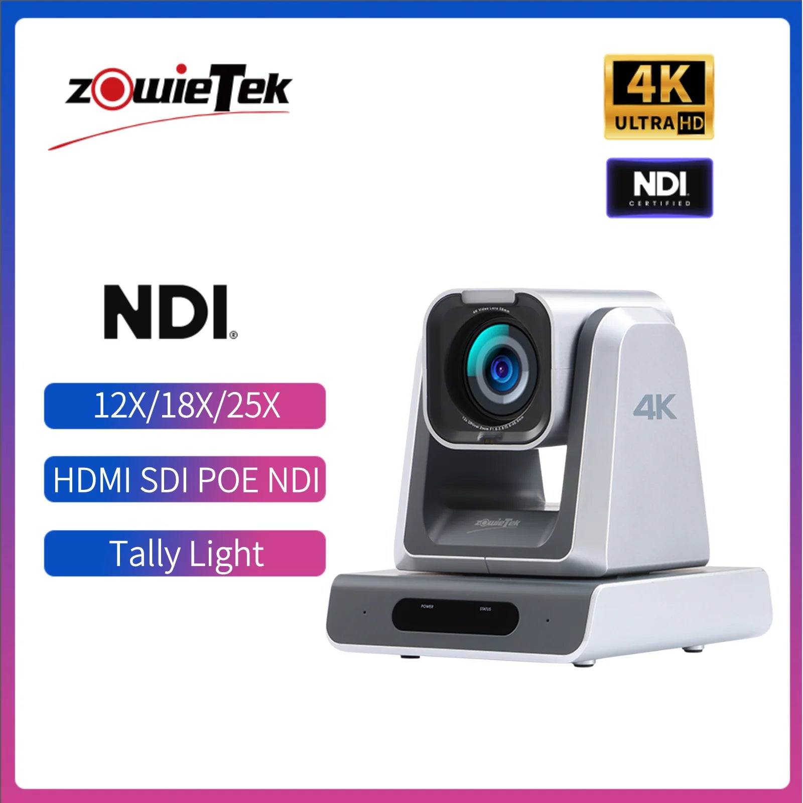 Caméra PTZ 4K NDI|HX3 ZowiePTZ – Zoom 12x/18x/25x, PoE, RTMP/SRT/RTSP – CLEVI Paris