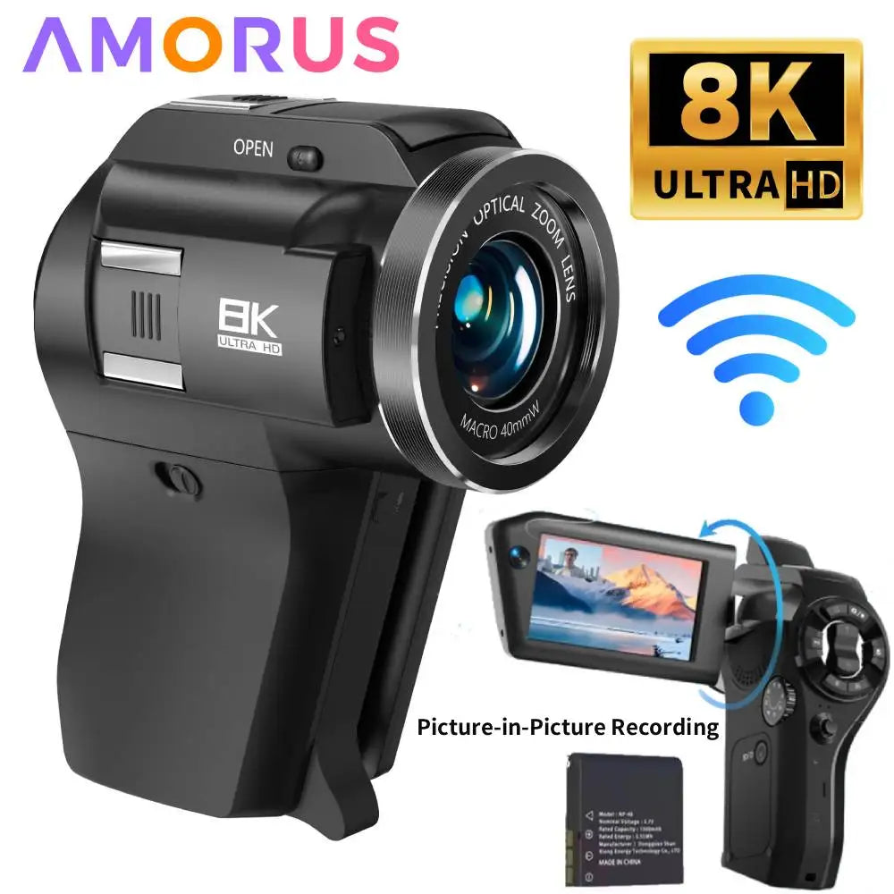 Caméscope AMORUS CD-V02 8K 75MP – Zoom Optique 8x, Écran 270°, Image dans l’Image, 13 Filtres, WiFi, Vision Nocturne IR – CLEVI Paris