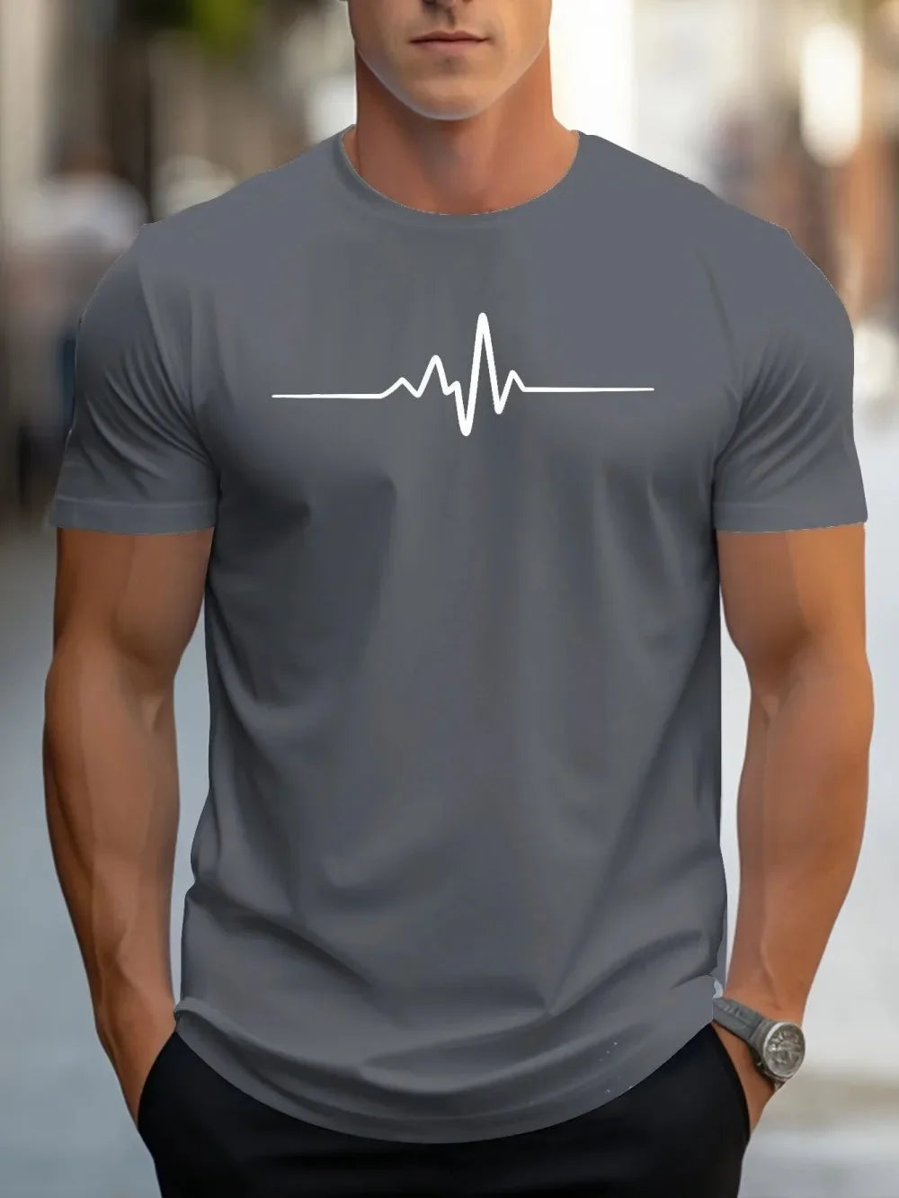 T-Shirt Homme Imprimé 3D Heartbeat – Graphique, Col Rond, Manches Courtes, Grande Taille