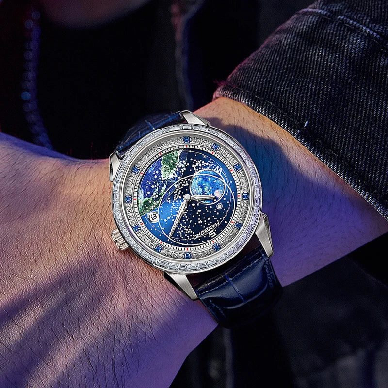 Montre Homme Mécanique Automatique Série Lunaire Acier Verre Saphir Bracelet Cuir Étanche 10 Bars – CLEVI Paris