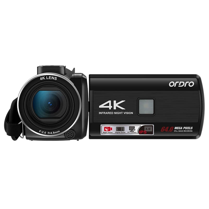Caméscope Ordro Z36 4K 64MP – Zoom 18x, Vision Nocturne IR, Écran Tactile 270°, Fill-in LED, Webcam, Style Vintage – CLEVI Paris