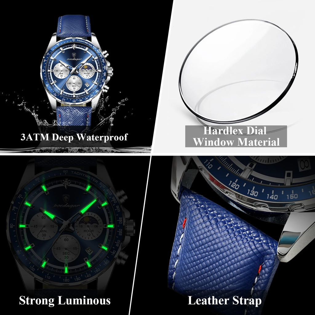 Montre Quartz Homme POEDAGAR 879-L – Chronographe, Cuir & Aiguilles Lumineuses | 4 Coloris