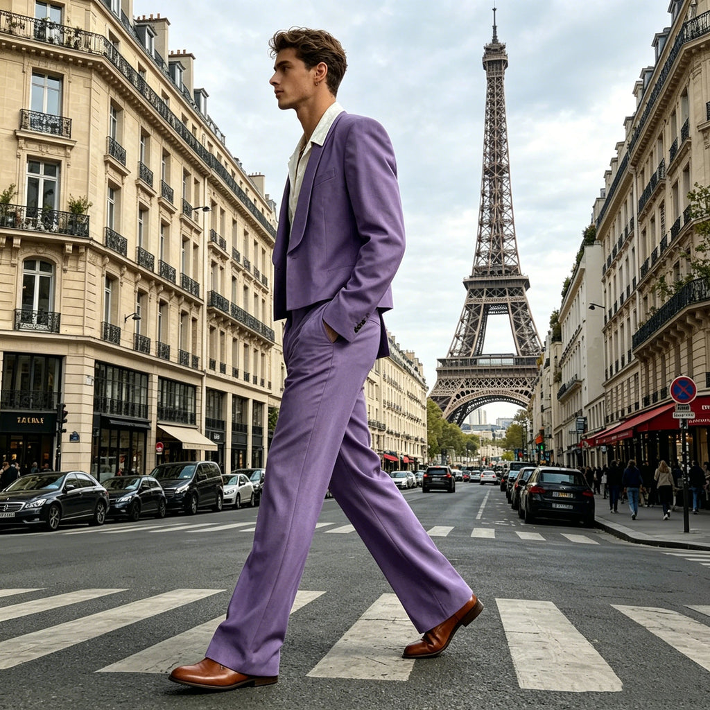Costume 2 Pièces Homme Blazer Court Col Châle + Pantalon Évasé Taille Haute Style Vintage Slim Fit – CLEVI Paris