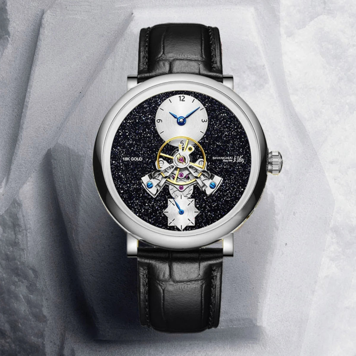 Shanghai Watch S2100 Montre Automatique Homme Volant Central Or 18K Saphir 43mm – CLEVI Paris