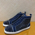 Sneakers Montantes Cuir Véritable Bleu Encre Cristaux Homme – Semelle Rouge, Lacets, Tailles 35-48 – CLEVI Paris