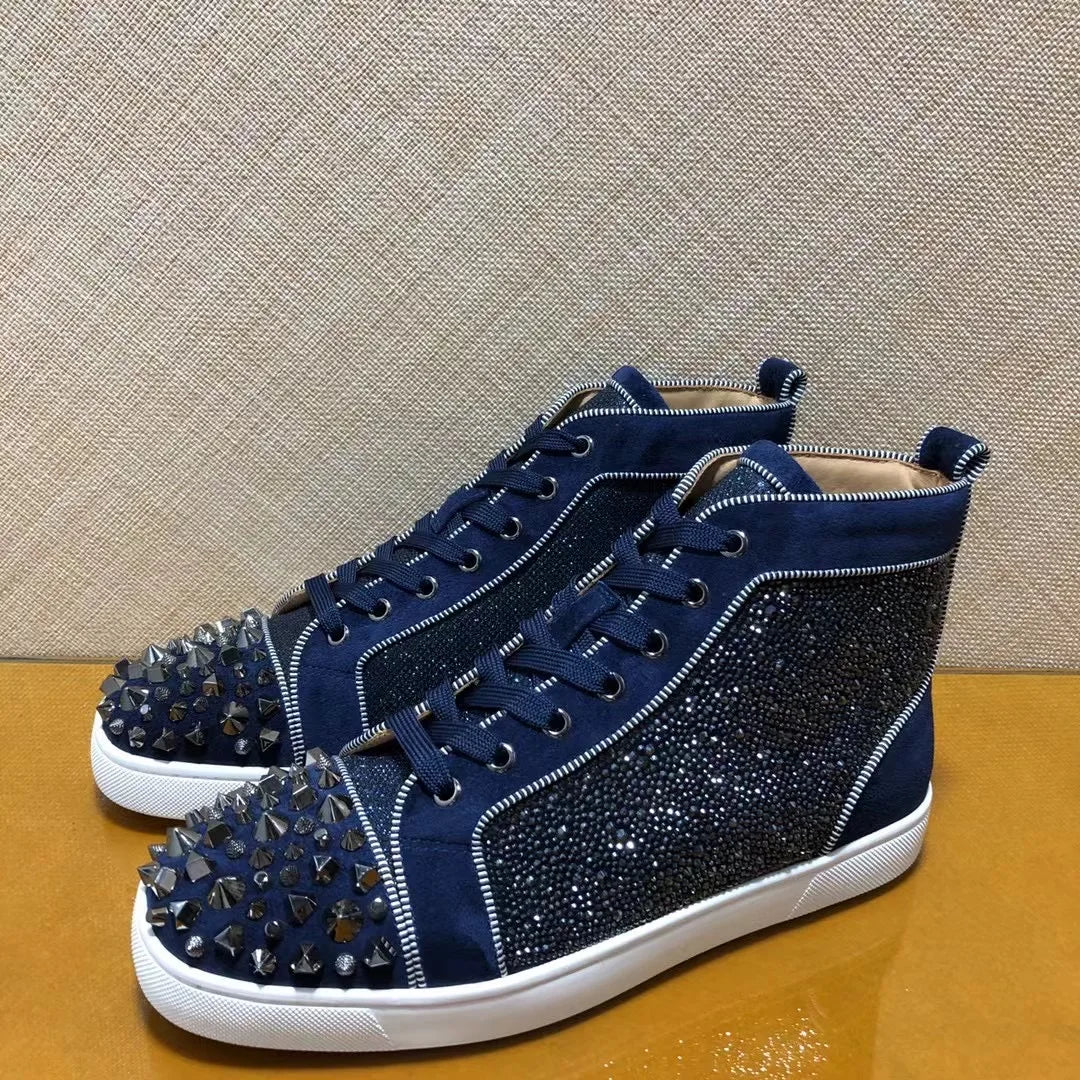Sneakers Montantes Cuir Véritable Bleu Encre Cristaux Homme – Semelle Rouge, Lacets, Tailles 35-48 – CLEVI Paris
