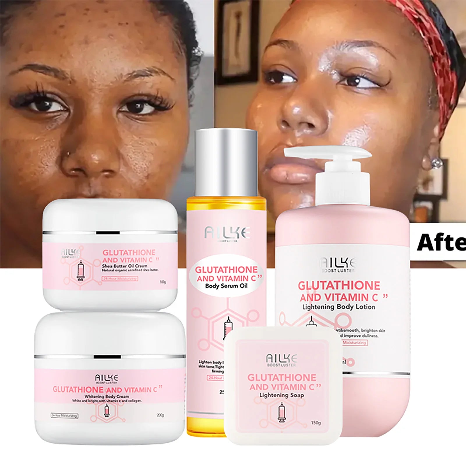 Gamme Éclaircissante AILKE – Vitamine C, Glutathion & Collagène – Teint Unifié, Taches Réduites & Peau Lumineuse