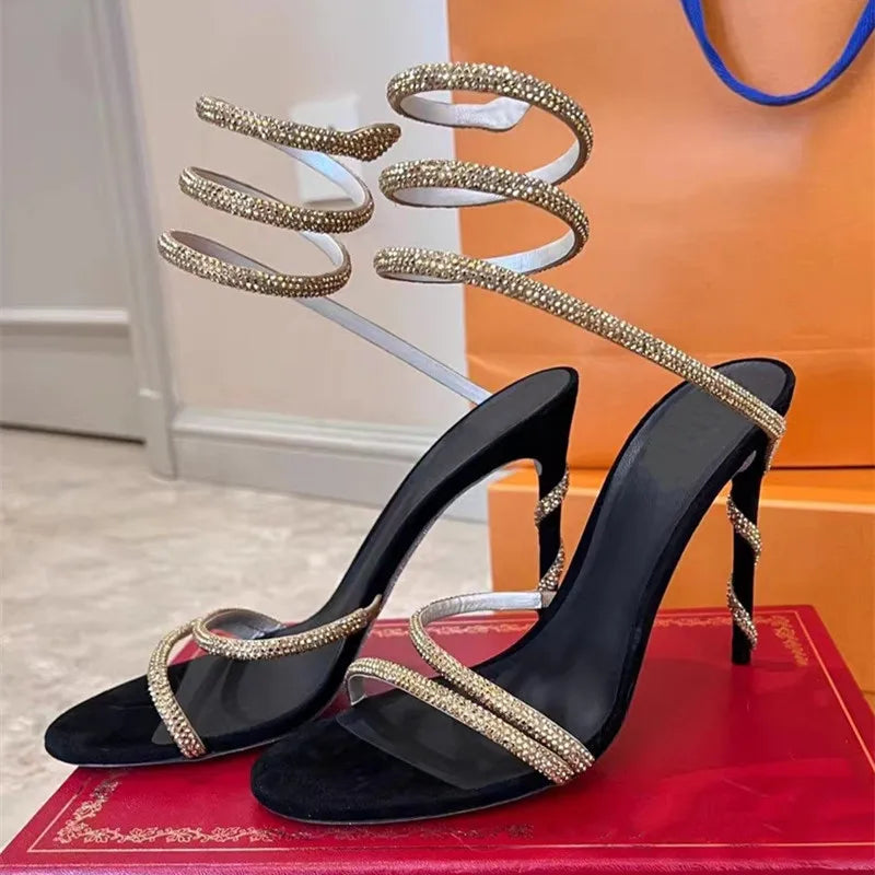 Sandales Gladiateur Femme Stiletto Cristaux Serpent Luxe Soirée – CLEVI Paris