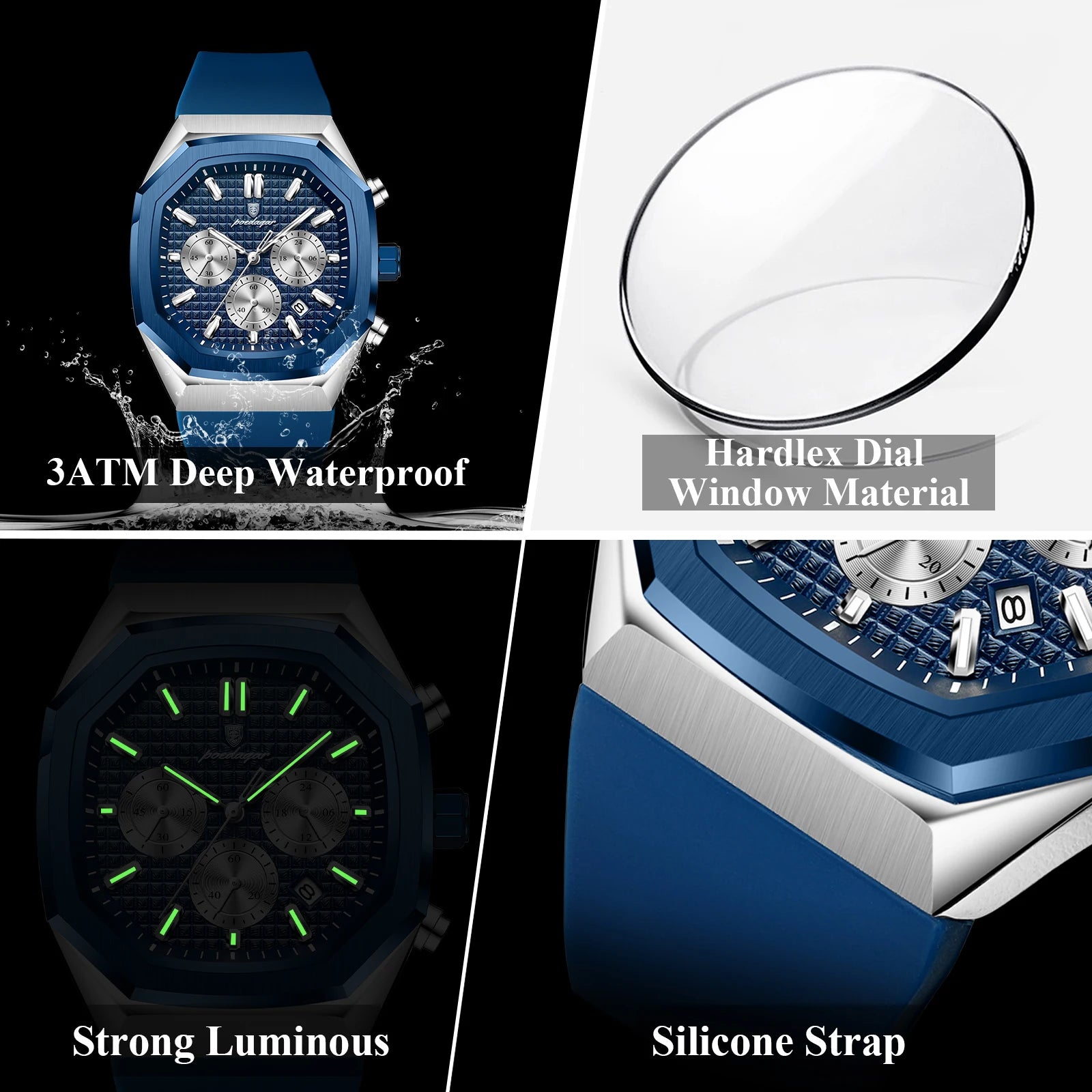 POEDAGAR Montre Quartz Homme Chronographe Carré Silicone Lumineux Date Auto – CLEVI Paris