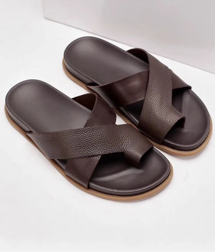 Tongs Homme Cuir Véritable Cross-Strap Plage & Casual – CLEVI Paris