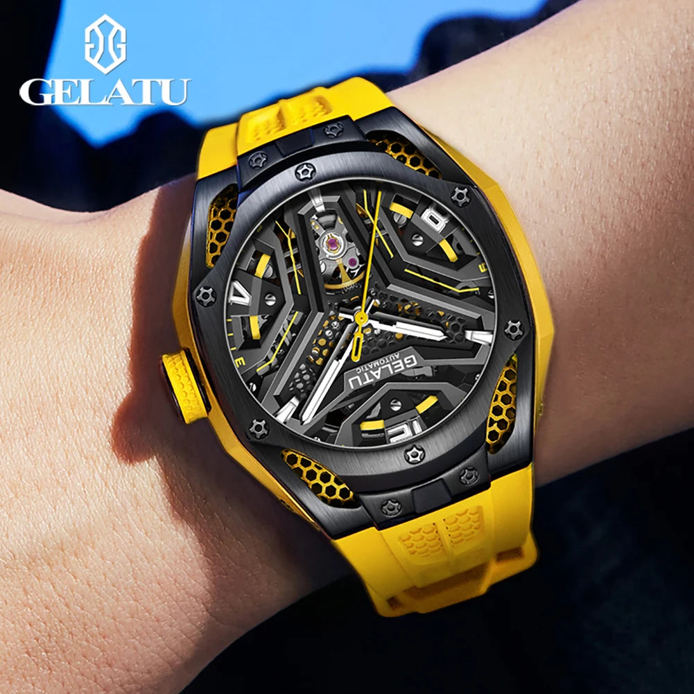 Montre Mécanique Homme GELATU 6007 – Squelette Automatique, Saphir & Bracelet Silicone Sport
