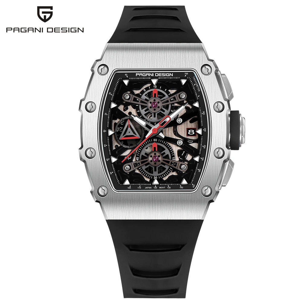 Montre PAGANI DESIGN PD-YS011 – Quartz Chronographe Racing, Verre Saphir, Acier Inoxydable Tonneau, Bracelet Silicone, Étanche 5 ATM – CLEVI Paris