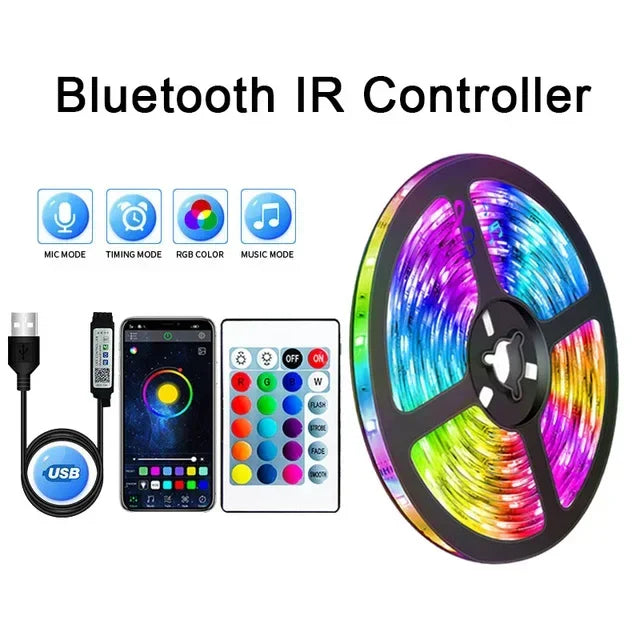 Ruban LED RGB USB 5V — SMD 5050, Contrôle WiFi / Bluetooth / IR / 3 Touches, 1m à 30m | CLEVI Paris