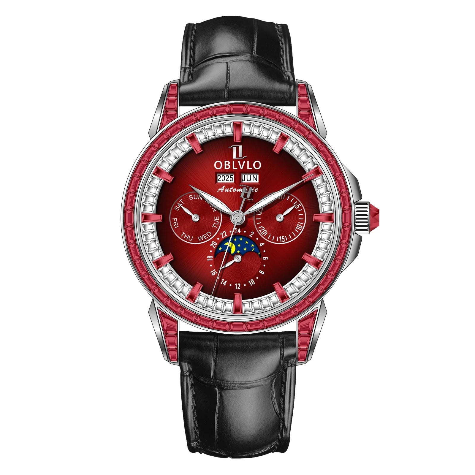 Montre Automatique Phase de Lune | Zircon Multicolore Bracelet Cuir – CLEVI Paris