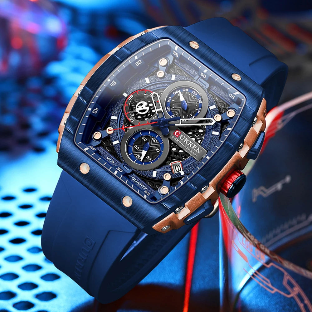 CURREN Montre Quartz Homme Rectangulaire Chronographe Silicone Lumineux 47mm Mouvement Japonais – CLEVI Paris
