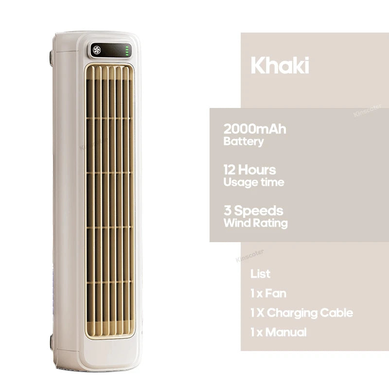 Ventilateur Tour Portable KINSCOTER M60 – Batterie 2000mAh, 12h d'Autonomie, 3 Vitesses, Mural ou Bureau – Kaki / Gris