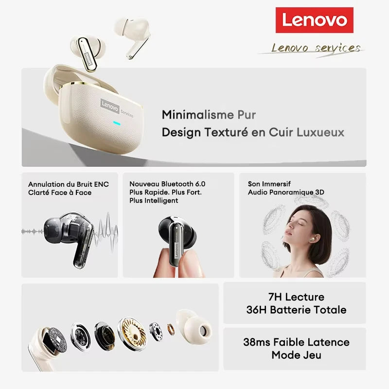 Lenovo LE208 Écouteurs TWS Bluetooth 6.0 ENC 36h Faible Latence 38ms – CLEVI Paris