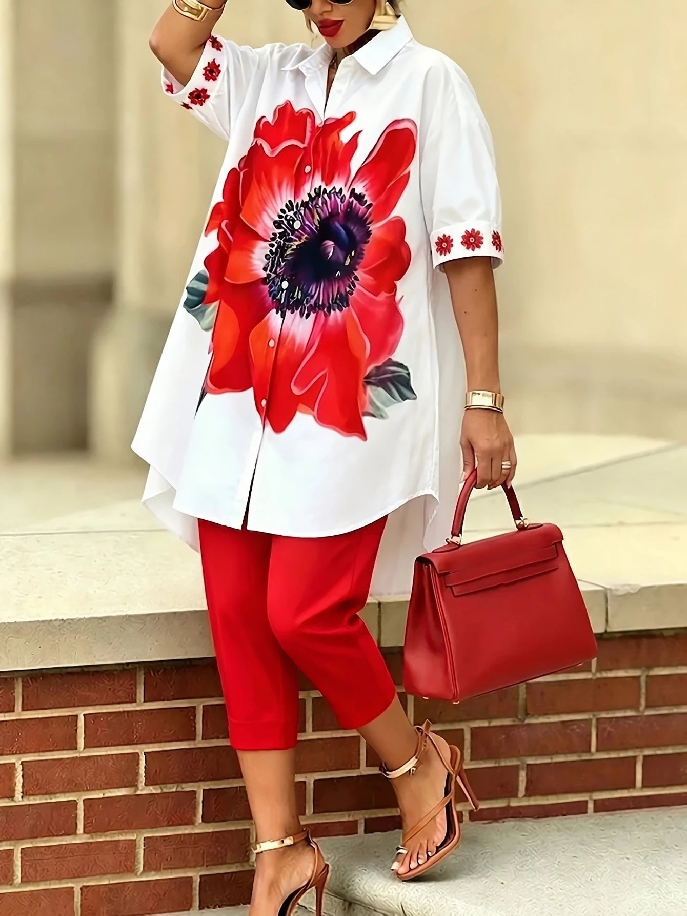 Ensemble 2 Pièces Femme Chemise Fleurie Col Rabattu Manches Courtes + Pantalon Crayon Taille Haute Casual Vintage Rouge – CLEVI Paris